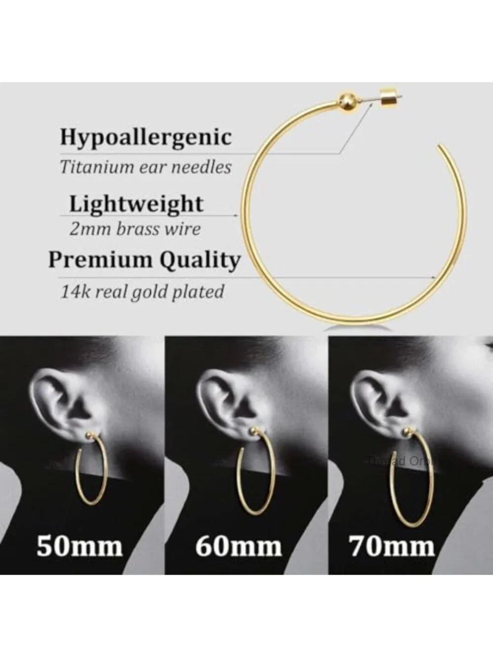 Large Gold Hoop Earrings 2mm Thick Hypoallergenic Screw Back